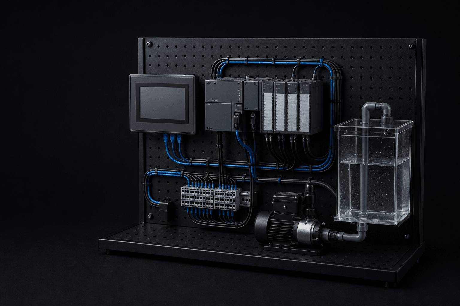 Hardware-in-the-loop training bench with PLC, HMI, wiring, pump, and simulated water tank