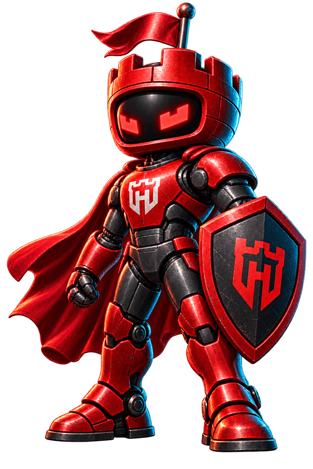 HackTheFort's red armored knight mascot, ready to defend hands-on learning