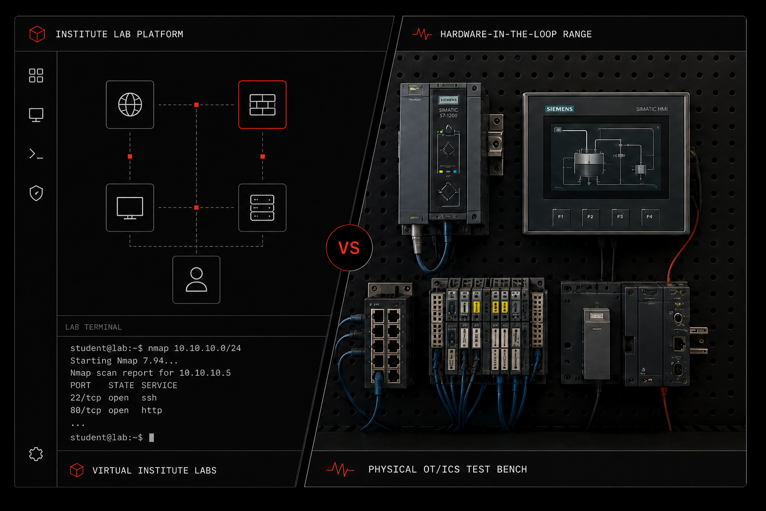 Split view of the virtual institute lab platform and physical OT/ICS test bench