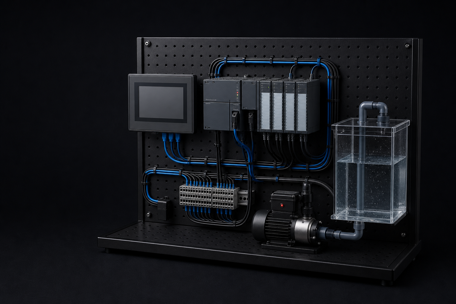 Hardware-in-the-loop training bench with PLC, HMI, wiring, pump, and simulated water tank